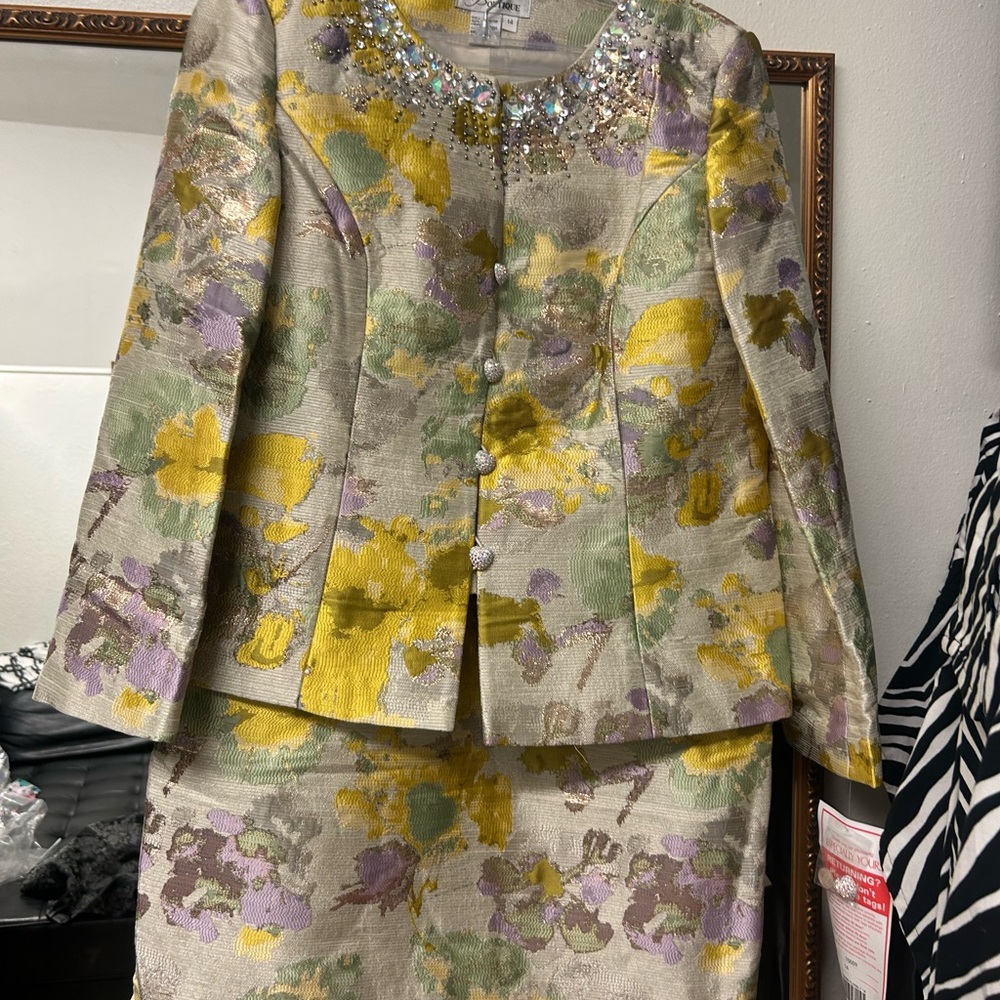 Floral Brocade Skirt Suit with Embellished Neckline
